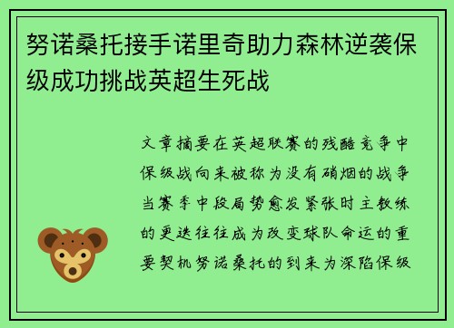 努诺桑托接手诺里奇助力森林逆袭保级成功挑战英超生死战